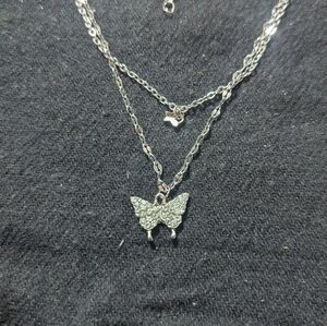 Silver Tone Clear Rhinestone Butterfly Layered  Chain Pendant Statement Necklace